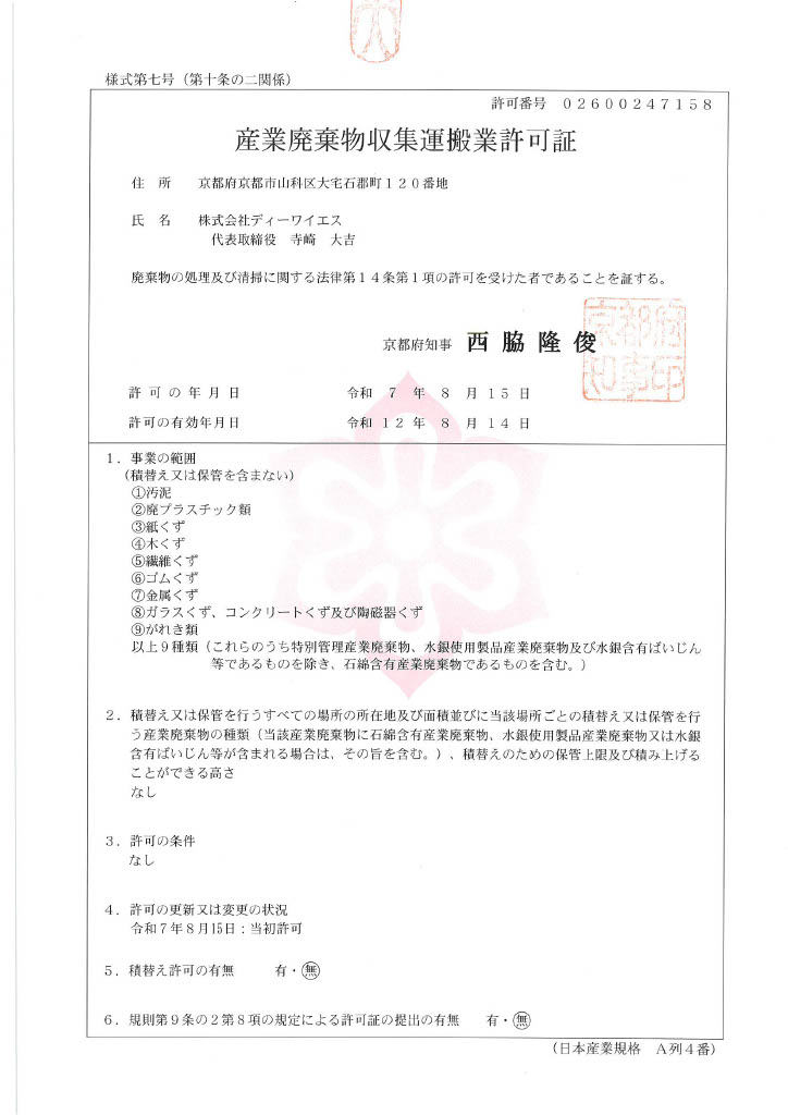 産業廃棄物収集運搬業許可証